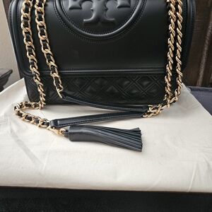 Tory Burch Black Convertible Shoulder Fleming Bag with Gold Chain